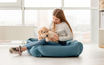 子犬を膝にのせている女性