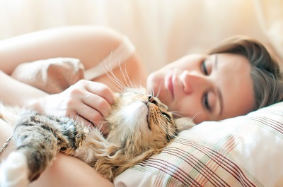 猫と一緒に寝る女性